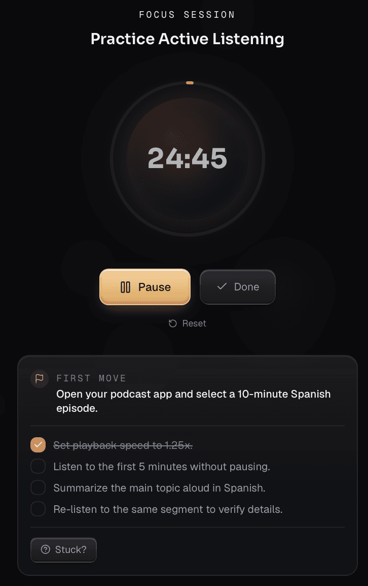 A focus session with a timer and a first-move checklist